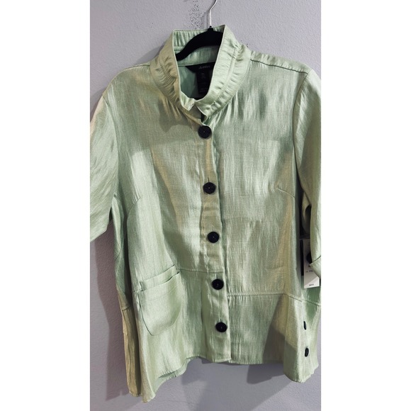 Ali Miles Women's Chartreuse 3/4 Sleeve Artsy Button Up Jacket Top Petite XL NEW - Picture 3 of 13